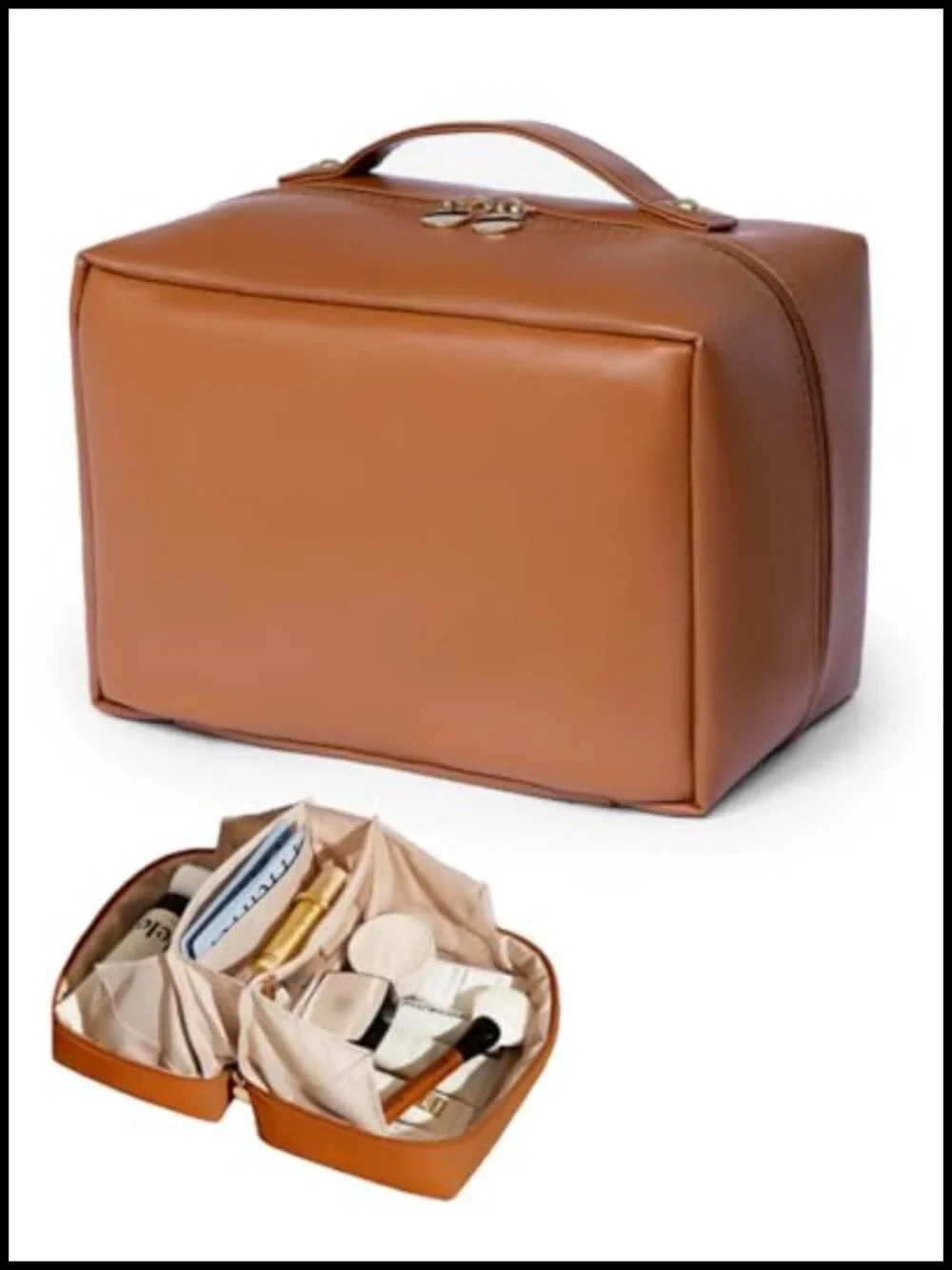 Large 180° Flat Open Travel Makeup Bag with Compartments Waterproof PU Leather